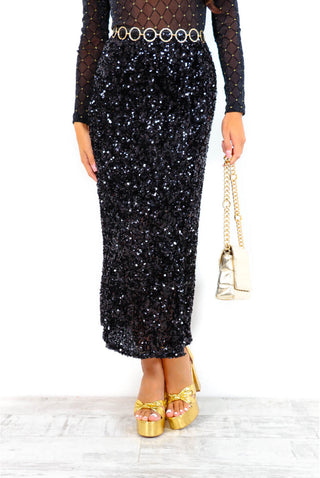 Such A Tease - Black Sequin Midi Skirt