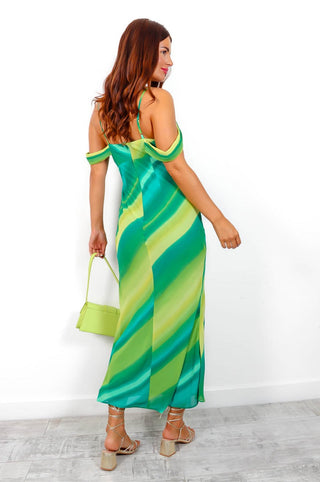 Sunset Star - Green Olive Stripe Bardot Midi Dress