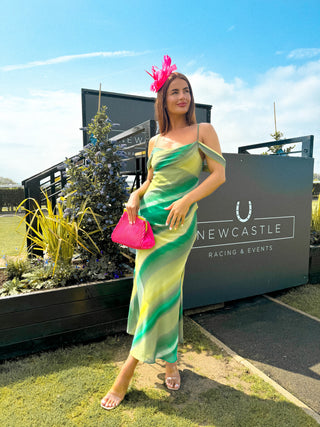 Sunset Star - Green Olive Stripe Bardot Midi Dress