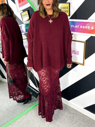 Lace Your Fears - Burgundy Lace See Through Midi Skirt