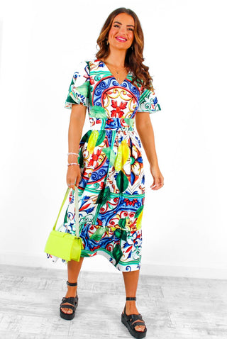 Sweet Serenity - Sicilian Lemon Tile Print Midi Dress