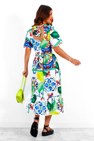 Sweet Serenity - Sicilian Lemon Tile Print Midi Dress