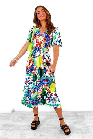 Sweet Serenity - Sicilian Lemon Tile Print Midi Dress