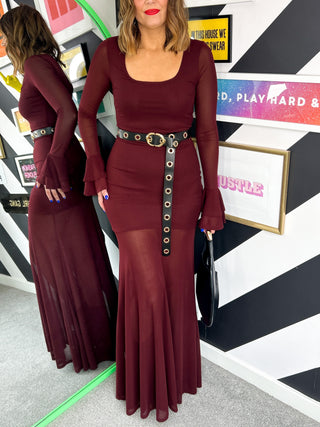 Temptress - Burgundy Sheer Mesh Maxi Dress