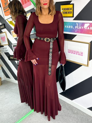 Temptress - Burgundy Sheer Mesh Maxi Dress