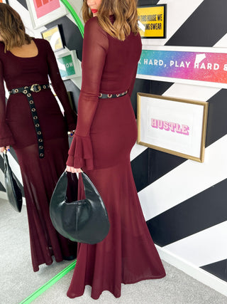 Temptress - Burgundy Sheer Mesh Maxi Dress