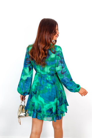 That Floral Feelin' - Green Blue Floral Mini Dress