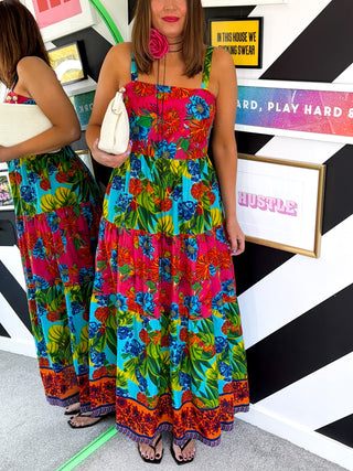 The Flamenco Effect - Red & Green floral Beaded Midi Dress