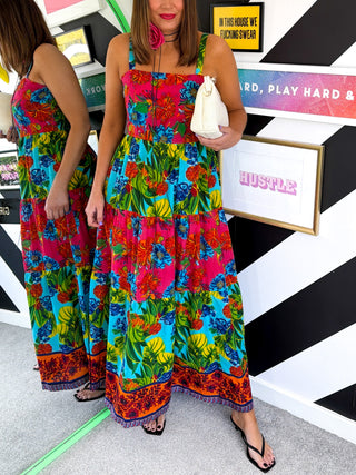 The Flamenco Effect - Red & Green floral Beaded Midi Dress