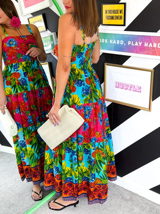 The Flamenco Effect - Red & Green floral Beaded Midi Dress