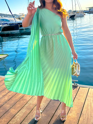 The One For You - Sage One Shoulder Pleated Midi Dress