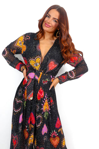 The Pleat Is On - Black Multi Heart Pleated Jumpsuit