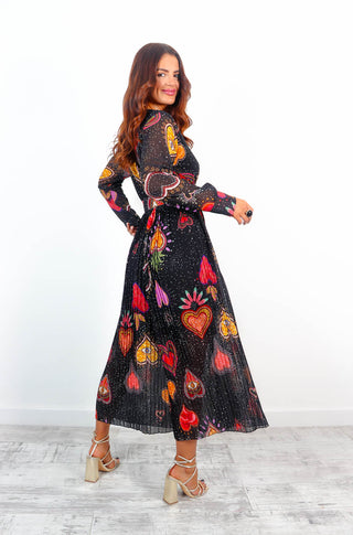The Pleat Is On - Black Multi Heart Pleated Jumpsuit