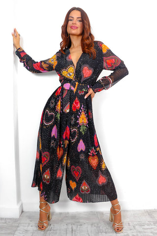 The Pleat Is On - Black Multi Heart Pleated Jumpsuit