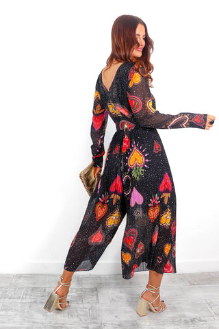 The Pleat Is On - Black Multi Heart Pleated Jumpsuit