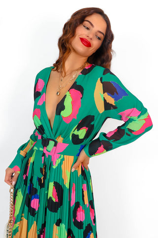 The Pleat Is On - Forest Neon Leopard Pleated Jumpsuit