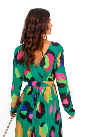 The Pleat Is On - Forest Neon Leopard Pleated Jumpsuit