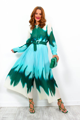 The Pleat Is On - Green Blue Ombre Pleated Jumpsuit