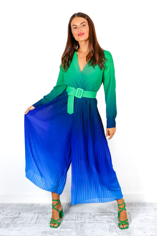 The Pleat Is On - Green Navy Ombre Pleated Jumpsuit