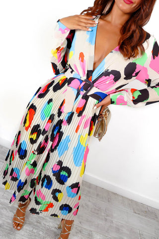 The Pleat Is On - Beige Neon Leopard Pleated Jumpsuit