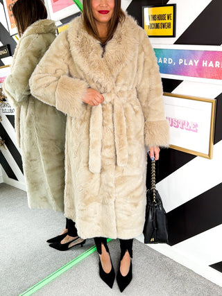 The Show Stopper - Beige Faux Fur Belted Coat