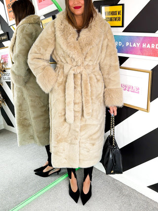 The Show Stopper - Beige Faux Fur Belted Coat