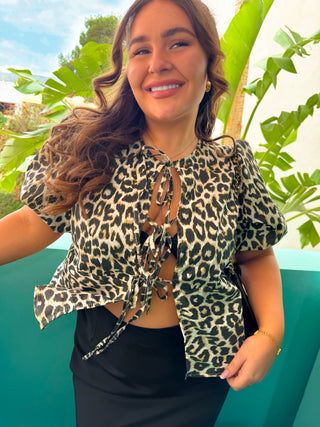 Ties The Limit - Beige Leopard Print Tied Top