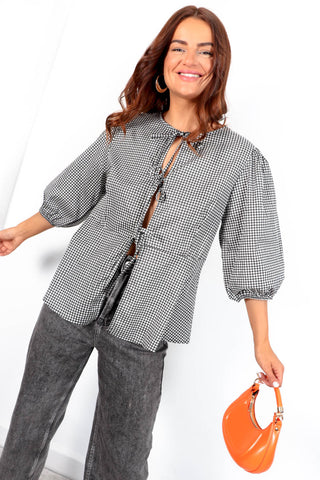Ties The Limit - Black And White Gingham Tie Top
