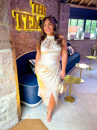 Too Halt To Handle - Champagne Printed Satin Halter Midi Dress