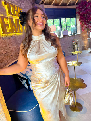 Too Halt To Handle - Champagne Printed Satin Halter Midi Dress