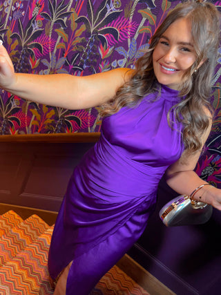 Too Halt To Handle - Purple Satin Halter Midi Dress
