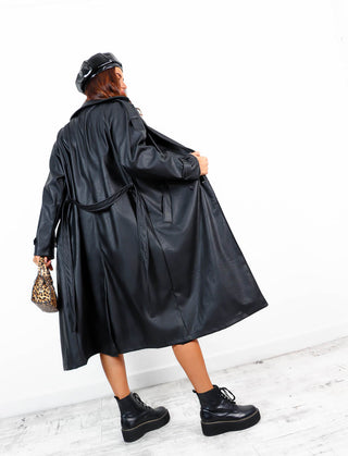 Trench Kisses - Black Faux Leather Trench Coat