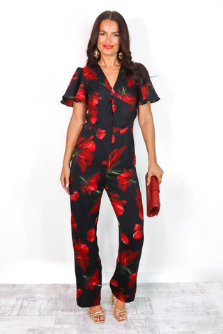 Twist and Turn - Black Red Floral Twist Front Jumpsuit