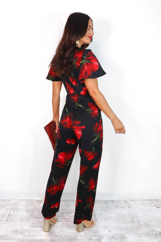 Twist and Turn - Black Red Floral Twist Front Jumpsuit