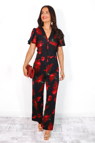 Twist and Turn - Black Red Floral Twist Front Jumpsuit