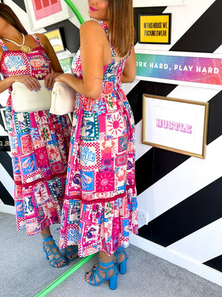 Under The Sea - Pink & Blue Sea Print Midi Dress