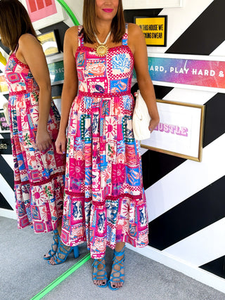 Under The Sea - Pink & Blue Sea Print Midi Dress