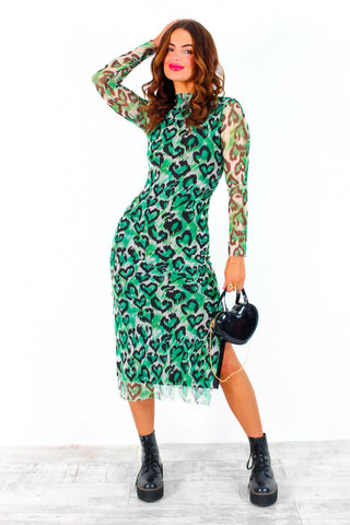 Utterly Obsessed - Green Black Leopard Heart Mesh Midi Dress