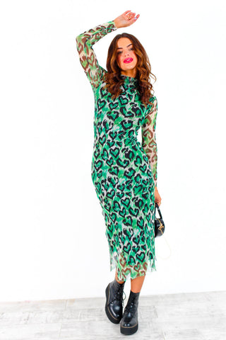 Utterly Obsessed - Green Black Leopard Heart Mesh Midi Dress