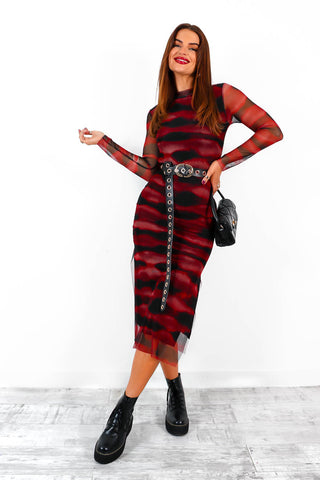 Utterly Obsessed - Wine Black Tie-Dye Mesh Midi Dress