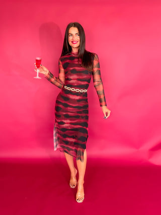 Utterly Obsessed - Wine Black Tie-Dye Mesh Midi Dress