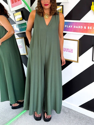 Vacay All Day - Khaki Wide Leg Jumpsuit
