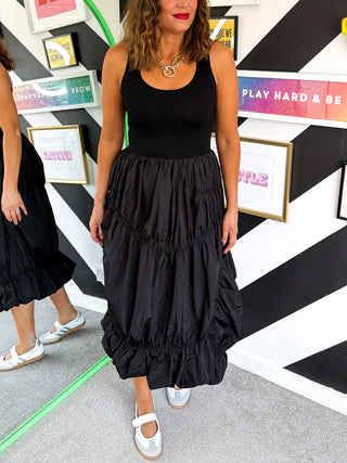Vest Dressed - Black Puff Ball Midi Dress