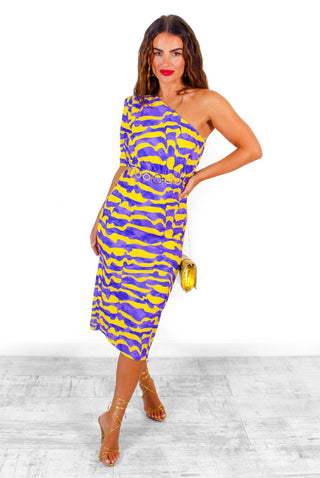 Wanderin' Free - Lilac Yellow Abstract One Shoulder Midi Dress