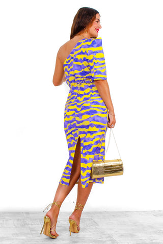 Wanderin' Free - Lilac Yellow Abstract One Shoulder Midi Dress
