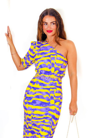 Wanderin' Free - Lilac Yellow Abstract One Shoulder Midi Dress