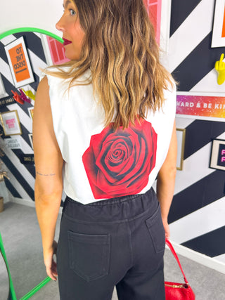 Watch Your Back - White Rose Print Shoulder Pad Top