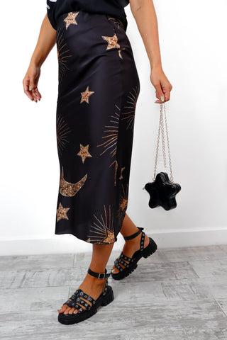 Who Me? - Black Gold Celestial Printed Satin Midi Skirt