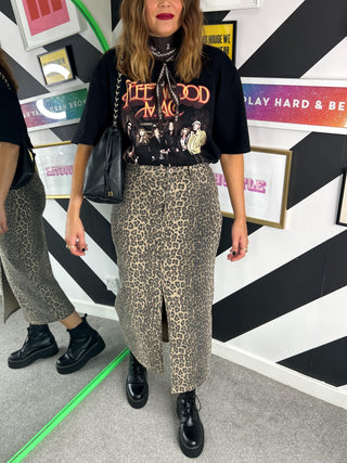 Wild Card - Beige Leopard Denim Midi Skirt