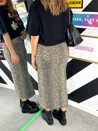 Wild Card - Beige Leopard Denim Midi Skirt